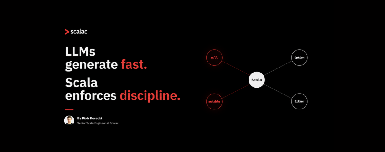 Minimalist tech blog hero image showing the headline “LLMs generate fast. Scala enforces discipline.” with a diagram contrasting low-quality AI code (null, mutable) and idiomatic Scala (Option, Either).