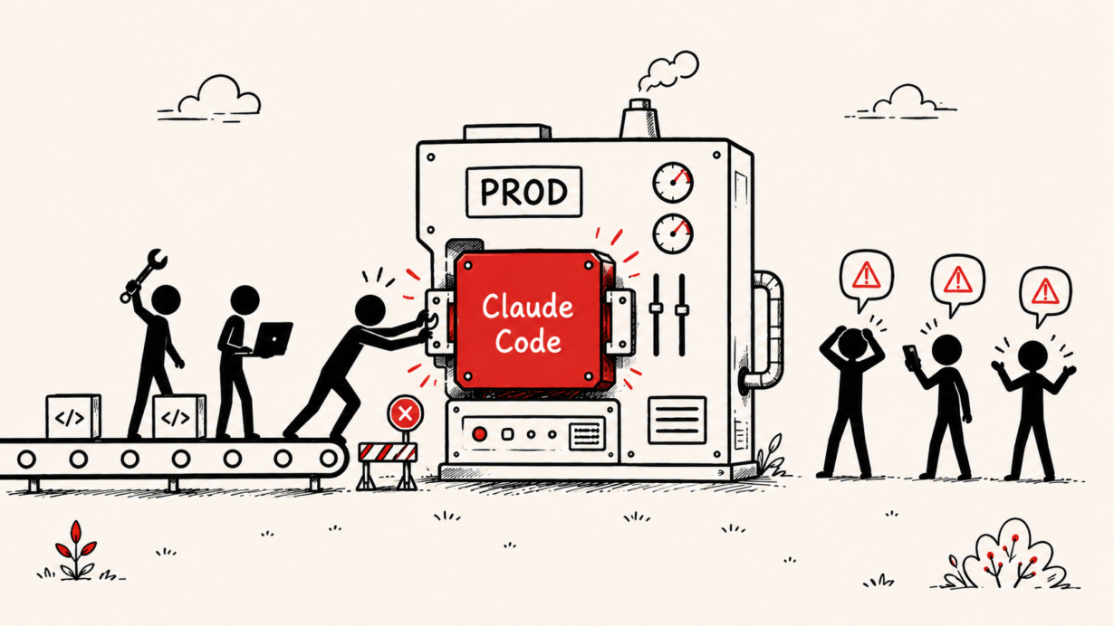 Editorial illustration: stick figures feeding code boxes into a production machine labeled "PROD", with Claude Code glowing red inside it. On the right, three figures raise alarms with warning speech bubbles.