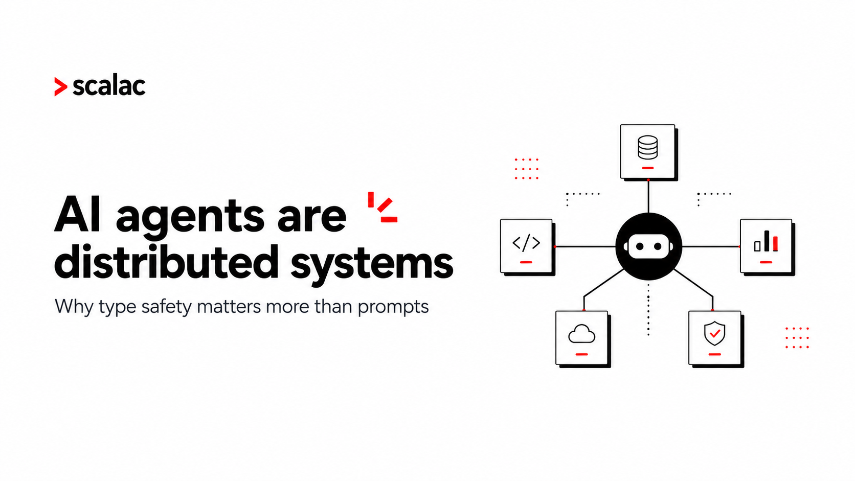 Scalac blog hero image showing AI agents as a distributed system with connected service nodes.