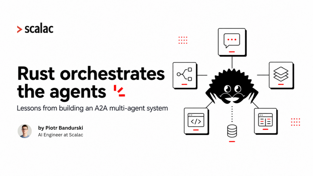 Minimalist Scalac hero graphic with a black Rust crab at the center, connected to chat, routing, context, code, UI, and database components in an A2A multi-agent system.