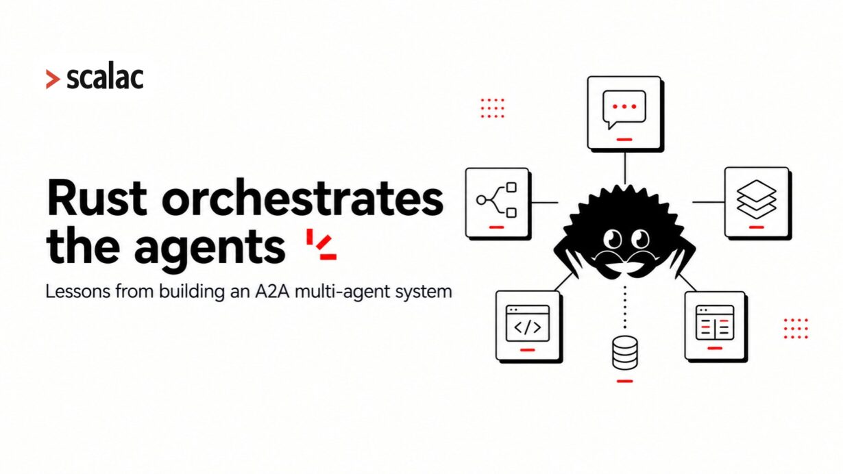 Minimalist Scalac hero graphic with a black Rust crab at the center, connected to chat, routing, context, code, UI, and database components in an A2A multi-agent system.